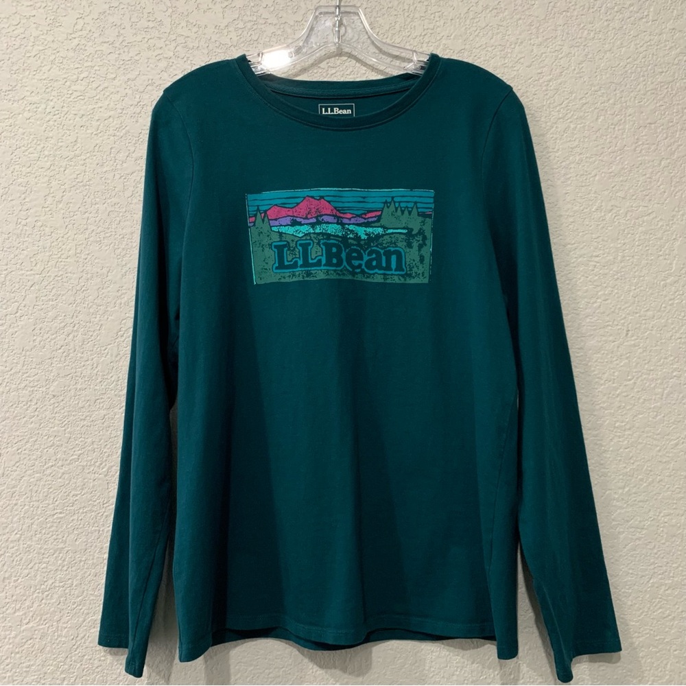 LL Bean Tee Womens M Logo Graphic Long Sleeve Crew Cotton Teal Green Gorpcore